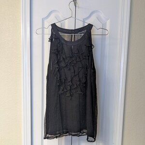 100% Silk Sheer Ruffles Black Sleeveless Top, Chiffon Layered, Marina Luna XL